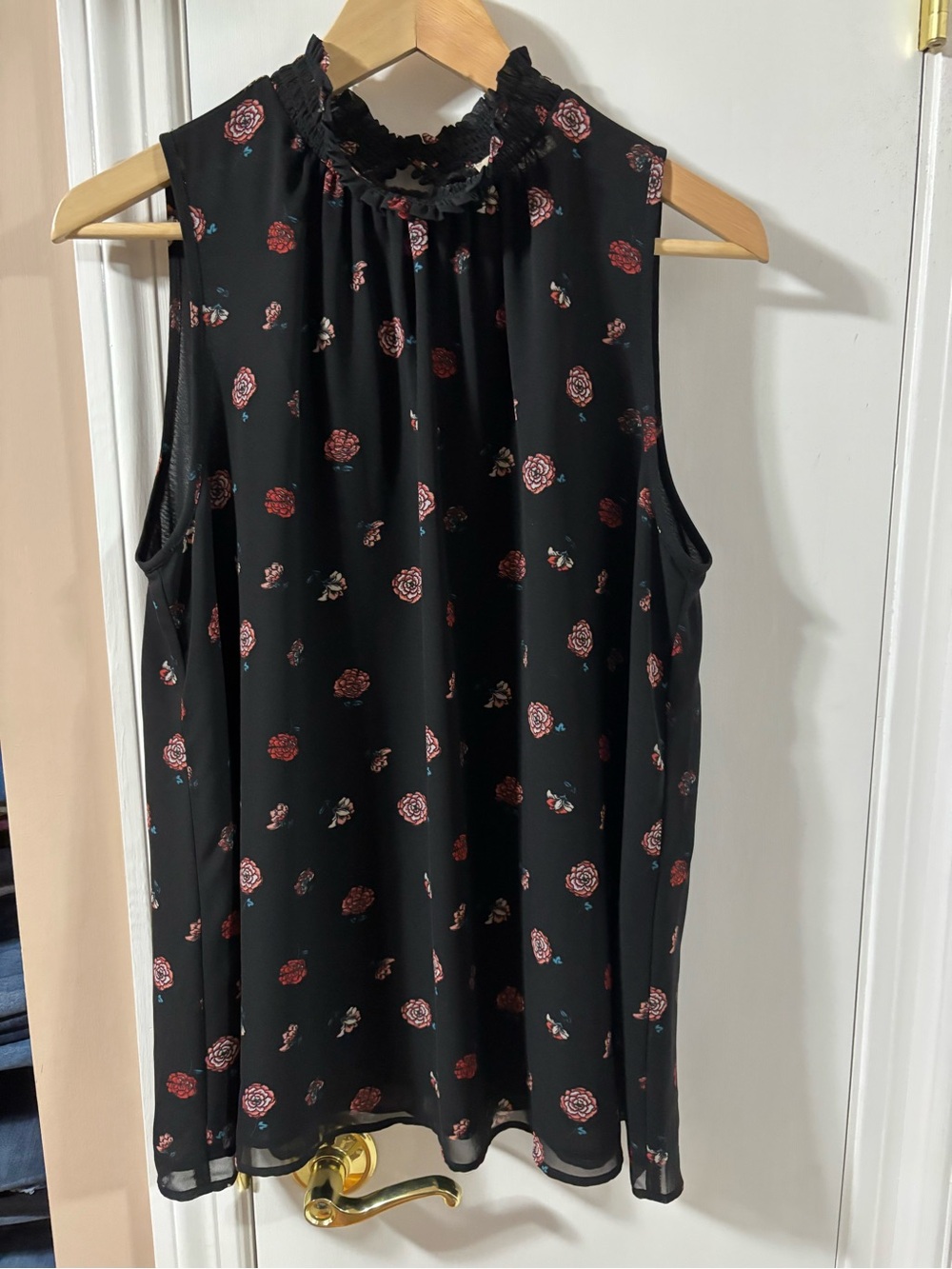 LOFT Black Floral Sleeveless Mock Neck Top